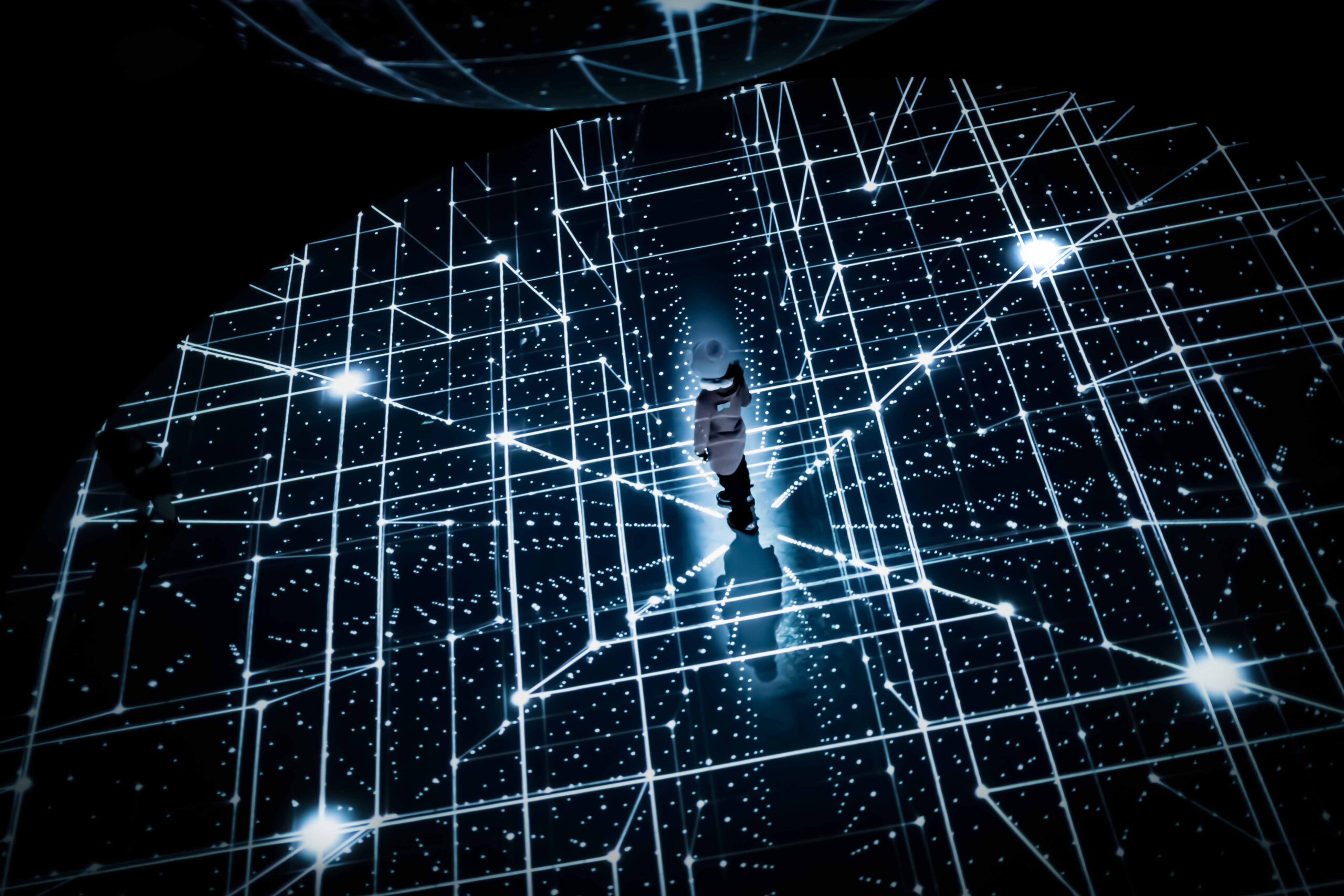 High angle view of a girl standing on virtual grid pattern image