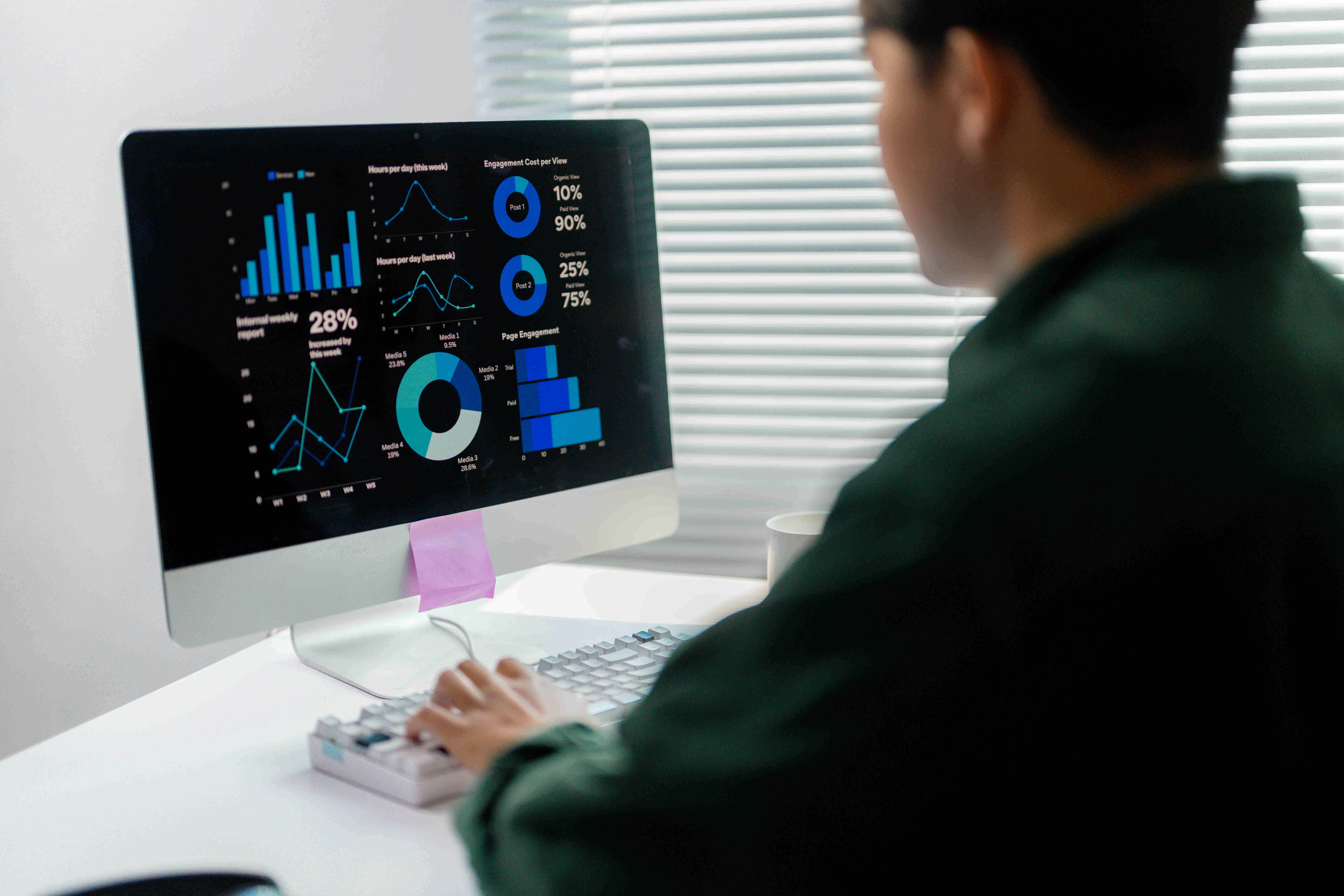 Professional reviewing graphs and charts on a computer monitor