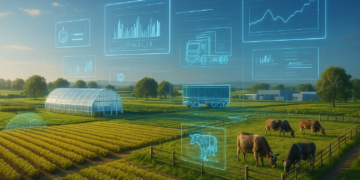 Hiperrealista paisaje agrícola con vacas, invernadero y campos de cultivo, superpuesto con gráficos digitales que representan gemelos digitales en agricultura y ganadería Hiperrealista paisaje agrícola con vacas, invernadero y campos de cultivo, superpuesto con gráficos digitales que representan gemelos digitales en agricultura y ganadería