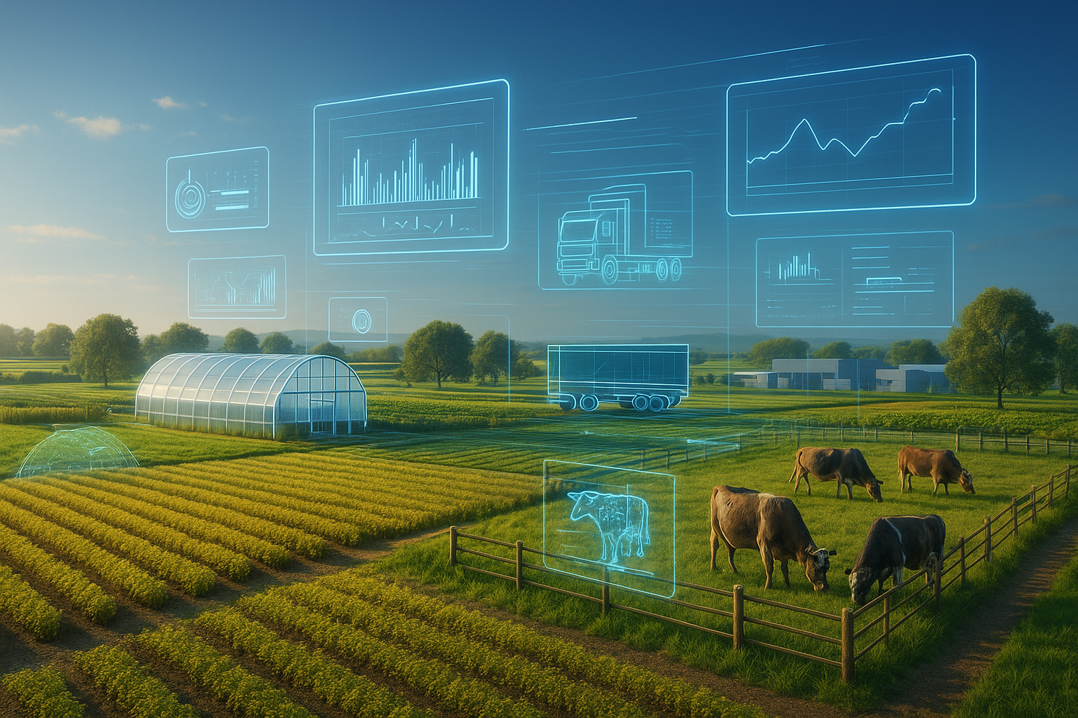 Hiperrealista paisaje agrícola con vacas, invernadero y campos de cultivo, superpuesto con gráficos digitales que representan gemelos digitales en agricultura y ganadería Hiperrealista paisaje agrícola con vacas, invernadero y campos de cultivo, superpuesto con gráficos digitales que representan gemelos digitales en agricultura y ganadería